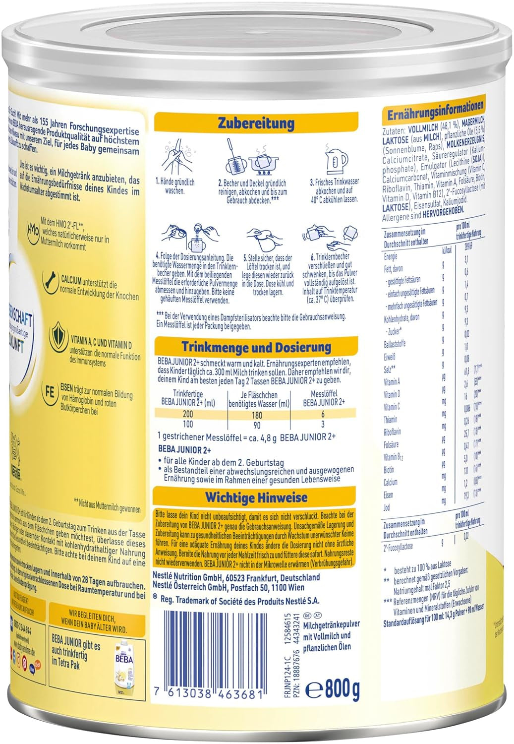 BEBA Junior 2+ melkdrank vanaf 2 jaar, Met HMO, Aan de leeftijd aangepast eiwitgehalte, Alleen lactose, Geen palmolie, Geen visolie, Peutervoeding, Babymelkpoeder, Verpakking van 6 (6 x 800 g)