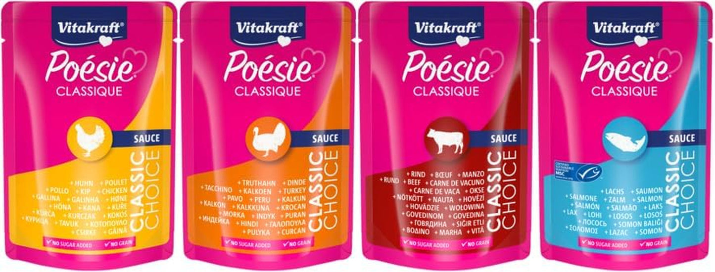 Vitakraft Poésie Classique, kattennatvoer, kattenvoer in saus, met kip, met kalkoen, met rundvlees, met zalm, zonder toegevoegde suiker en granen (1 pakje van 12 x 85 g)