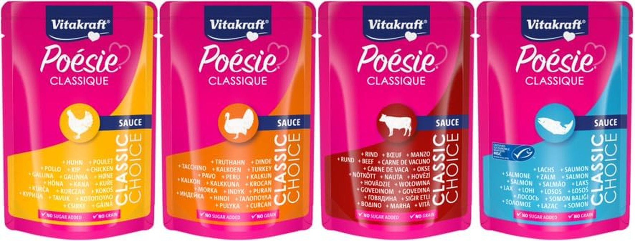 Vitakraft Poésie Classique, kattennatvoer, kattenvoer in saus, met kip, met kalkoen, met rundvlees, met zalm, zonder toegevoegde suiker en granen (1 pakje van 12 x 85 g)