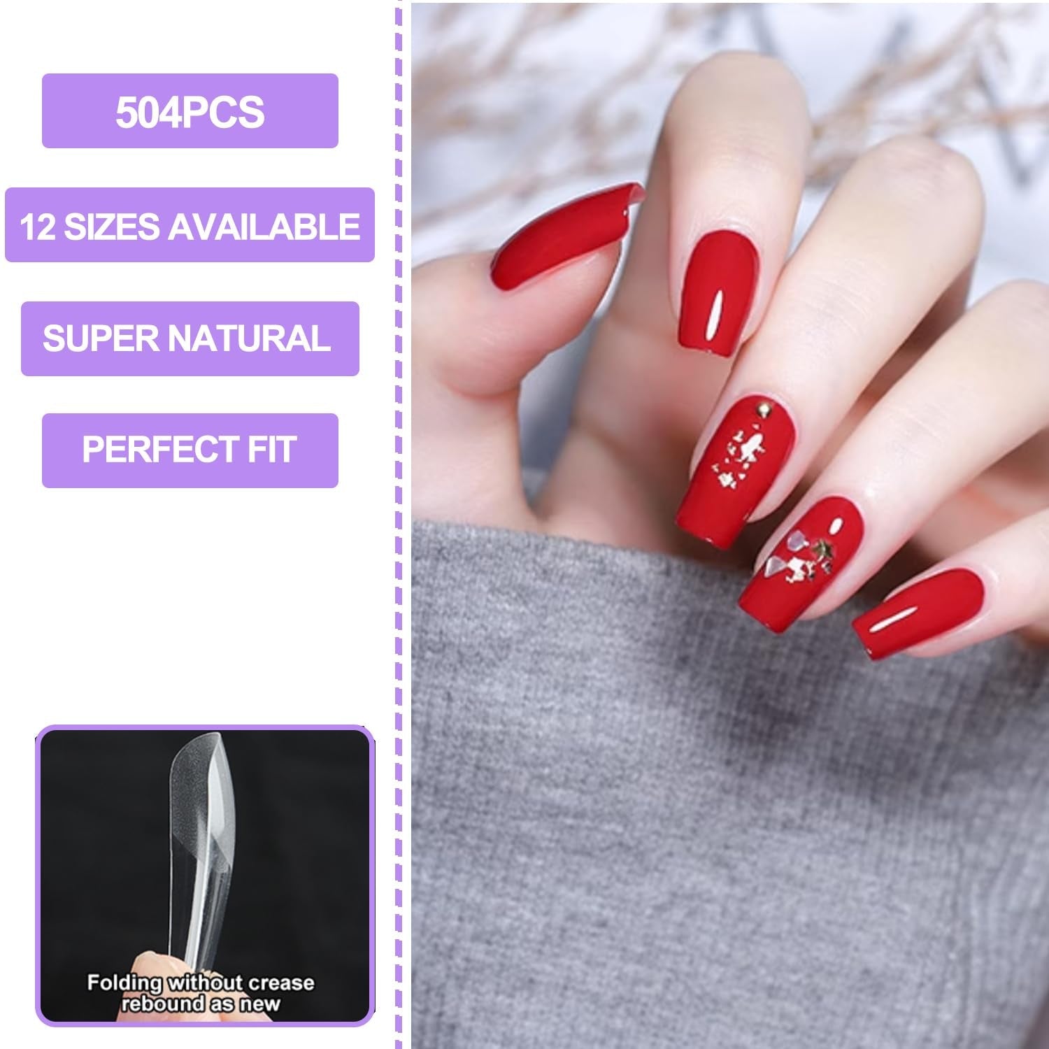 Volledige dekking kunstnagels 504-pack 12 maten kunstnagels met nagellijm Acryl kunstnagels met opbergdoos voor nagelstudio's en doe-het-zelf nagelkunst voor thuis (vierkant)