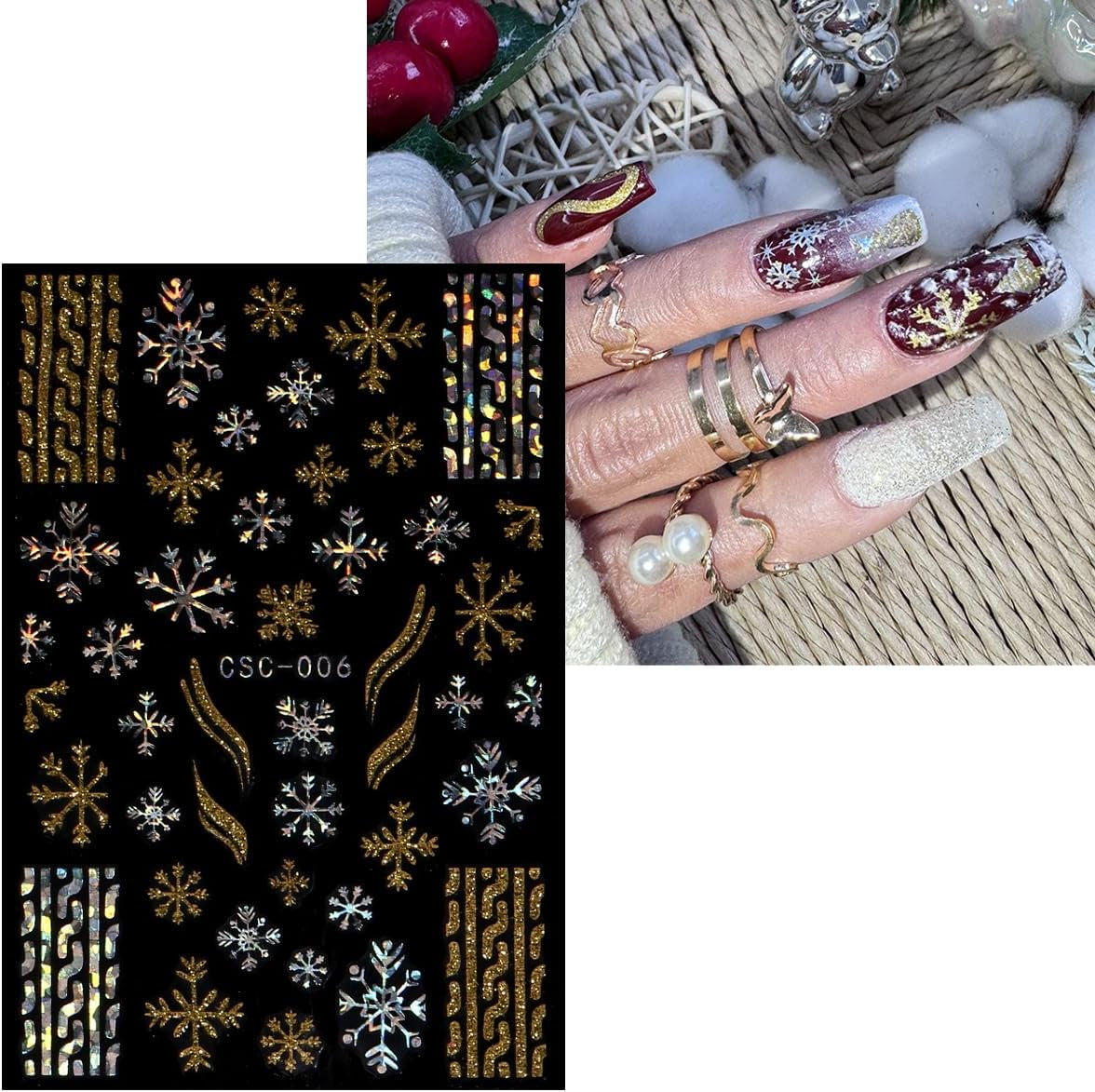 JMEOWIO Nagelsticker Weihnachten Gold Glitter Silber 8 Blatt Nail Art Sticker Selbstklebend Nagelaufkleber Schneeflocke Winterurlaub Decoratie Nageldesign Zubehör