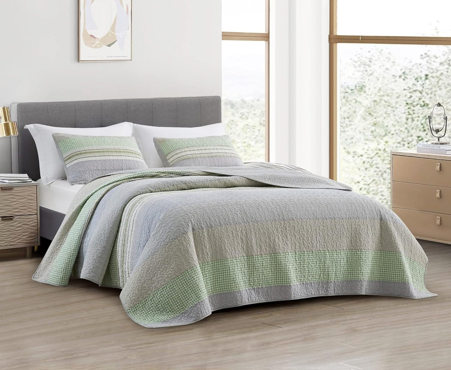 Chezmoi Collection Addy Patchwork-dekbedset Voorgewassen katoen Lichtgewicht Omkeerbaar Alle seizoenen Oversized 3-delig Marine Wit Grijs Taupe Geruite quilts en quilts Naty Shop Plaid Candy Strepen Patchwork Groen Grijs Queen
