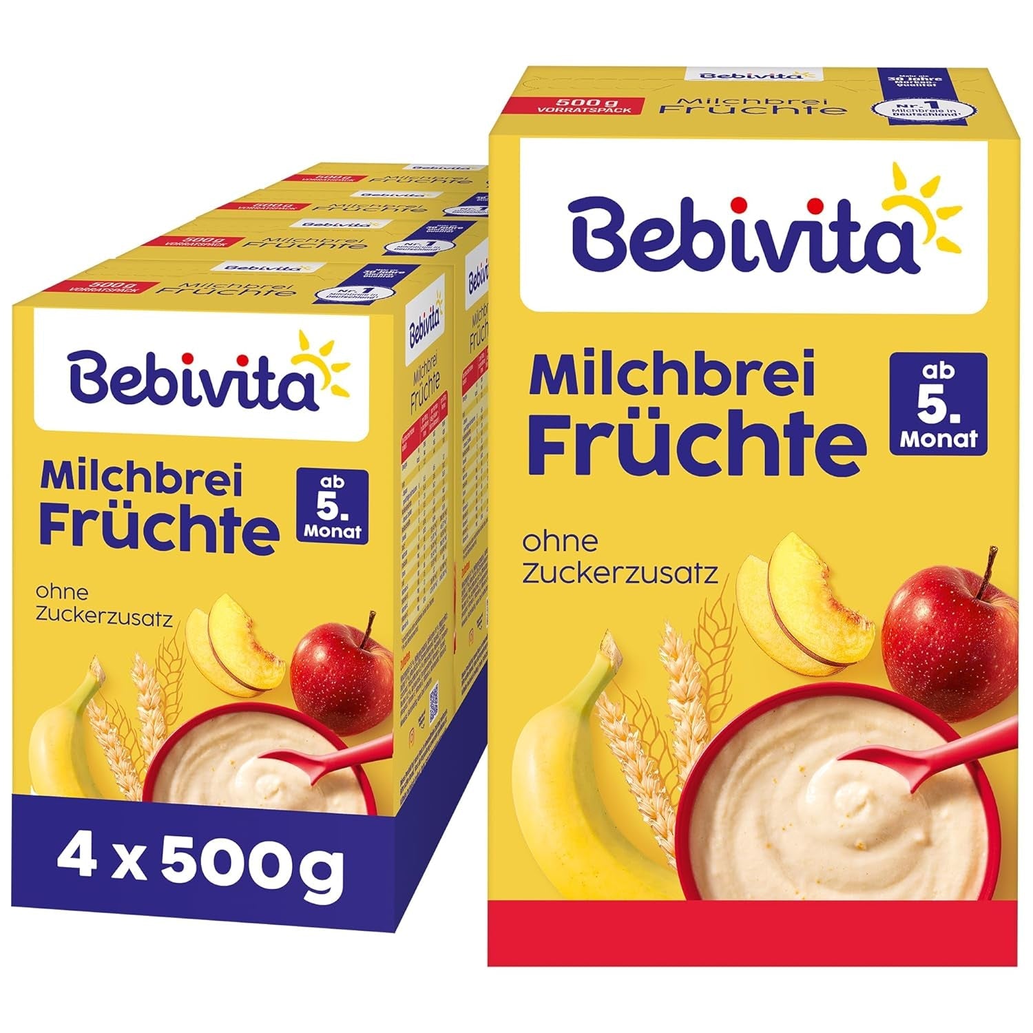 Melkpap met fruit (4x500g), vanaf 5 maanden, zonder toegevoegde suiker, met waardevolle mineralen en vitaminen, zeer vullend