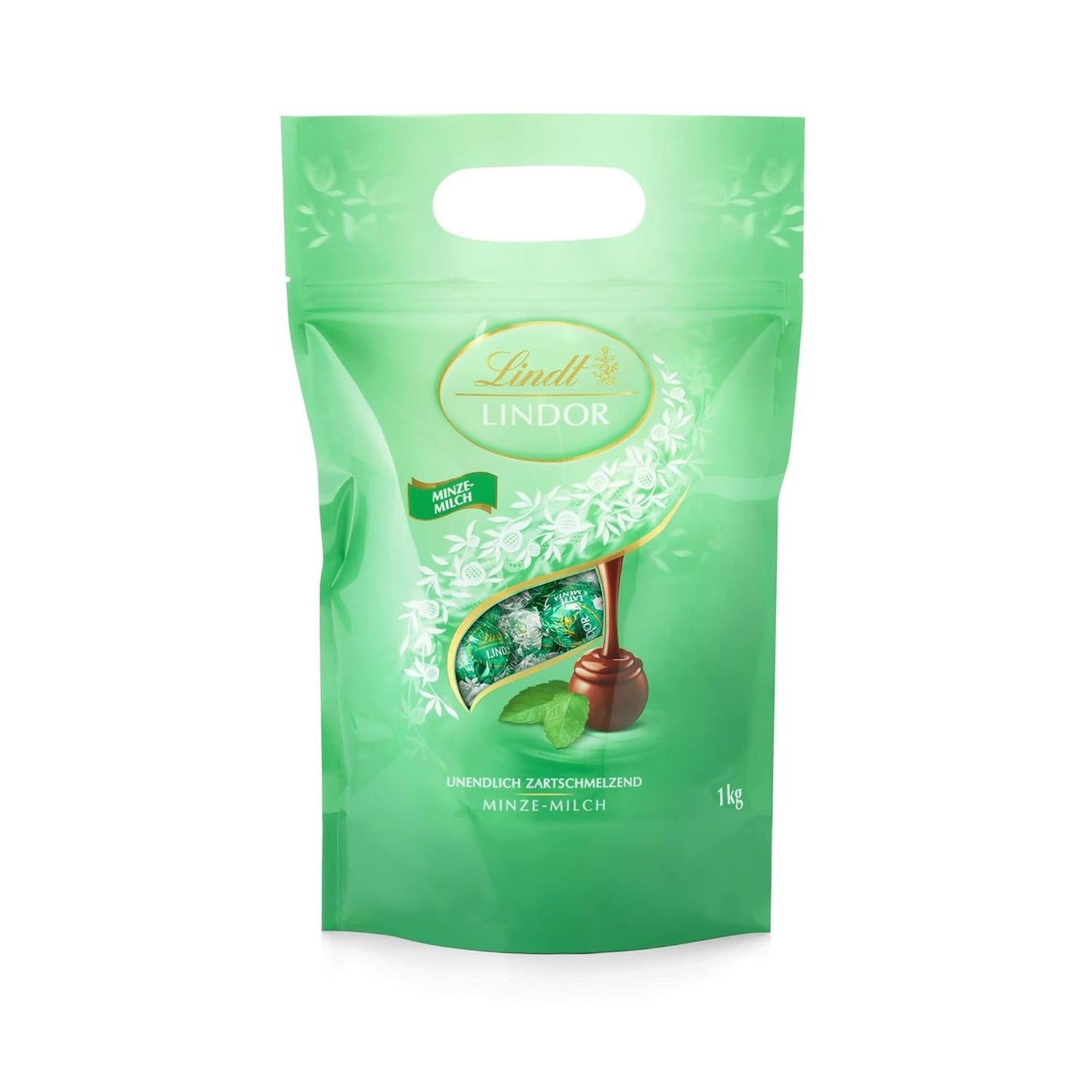 LINDOR witte chocoladebolletjes, 1 kg en LINDOR | Hersluitbare zak van 1 kg | ca. 80 melkchocoladebolletjes met muntvulling | Bulkverpakking, pralinegeschenk, chocoladegeschenk
