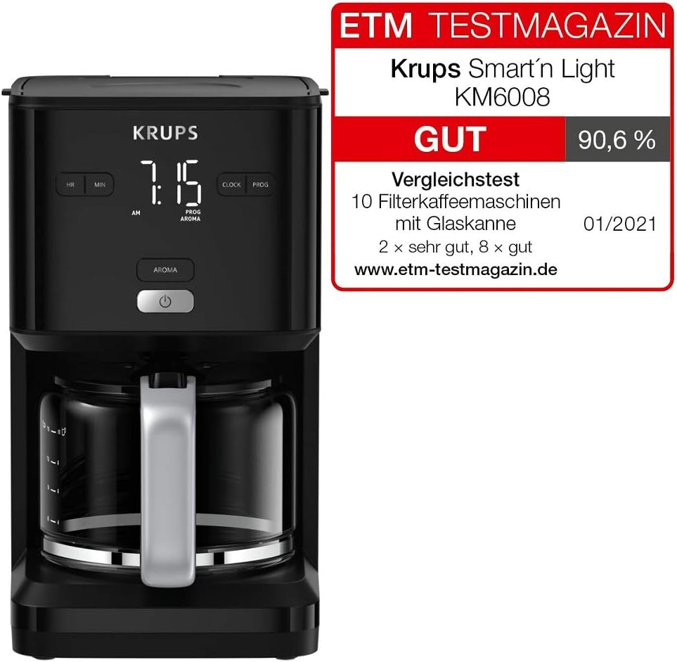 Krups Smart'n Light koffiemachine met timer, voor 1,25 liter filterkoffie, warmhoudfunctie, automatische uitschakeling, zwart, KM600810