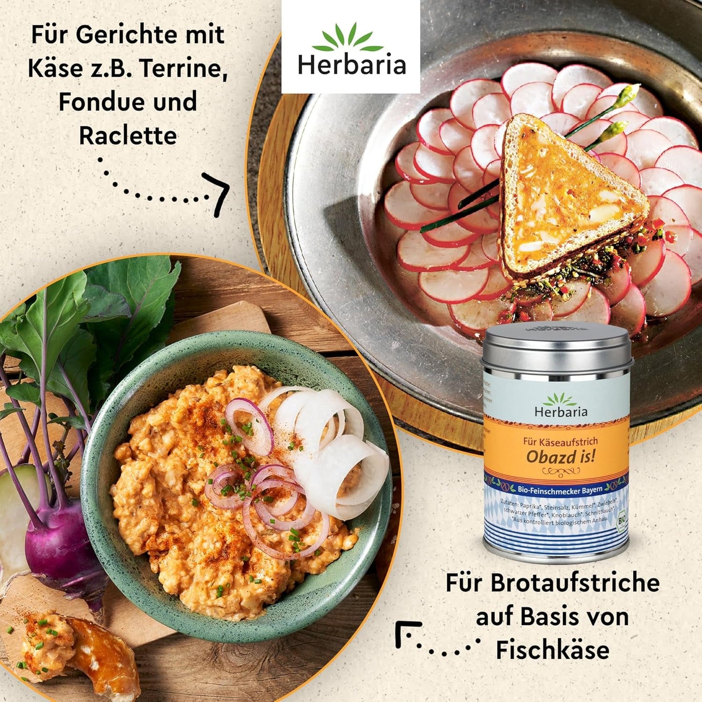 Herbaria Obazd wel! bio 90g M-Dose – Bio-Gewürzmischung bayerischen Biergartenklassiker Obazda – voor Brotaufstriche, Käsegerichte, Käsefondue – Raclette Gewürz - in nachhaltiger Aromaschutz-Dose