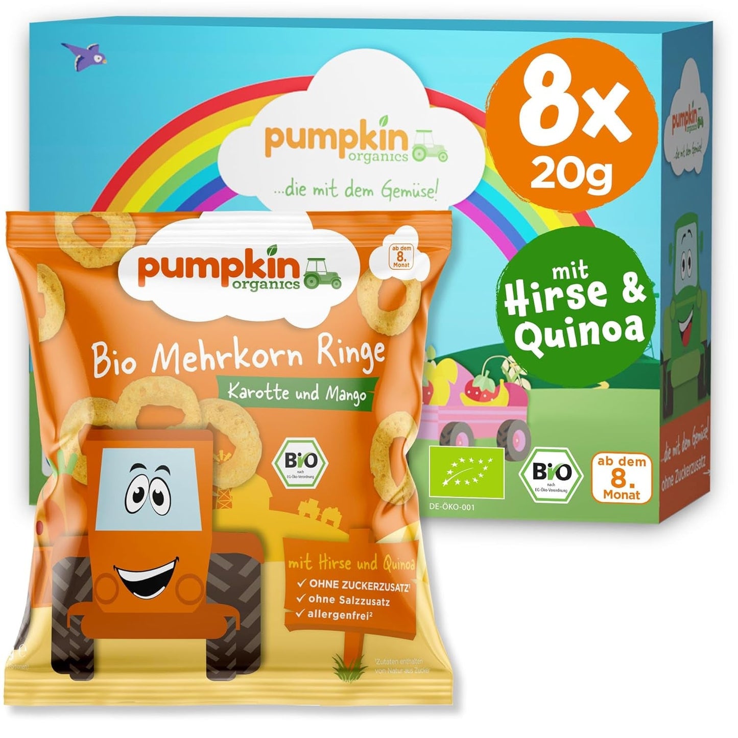 Pumpkin Organics Baby Meergranen Wortel- en Mangoringen (8 stuks) Babysnacks zonder additieven vanaf 12 maanden - Allergeenvrij² en glutenvrij³ Krokante babysnacks (8 x 20 g)