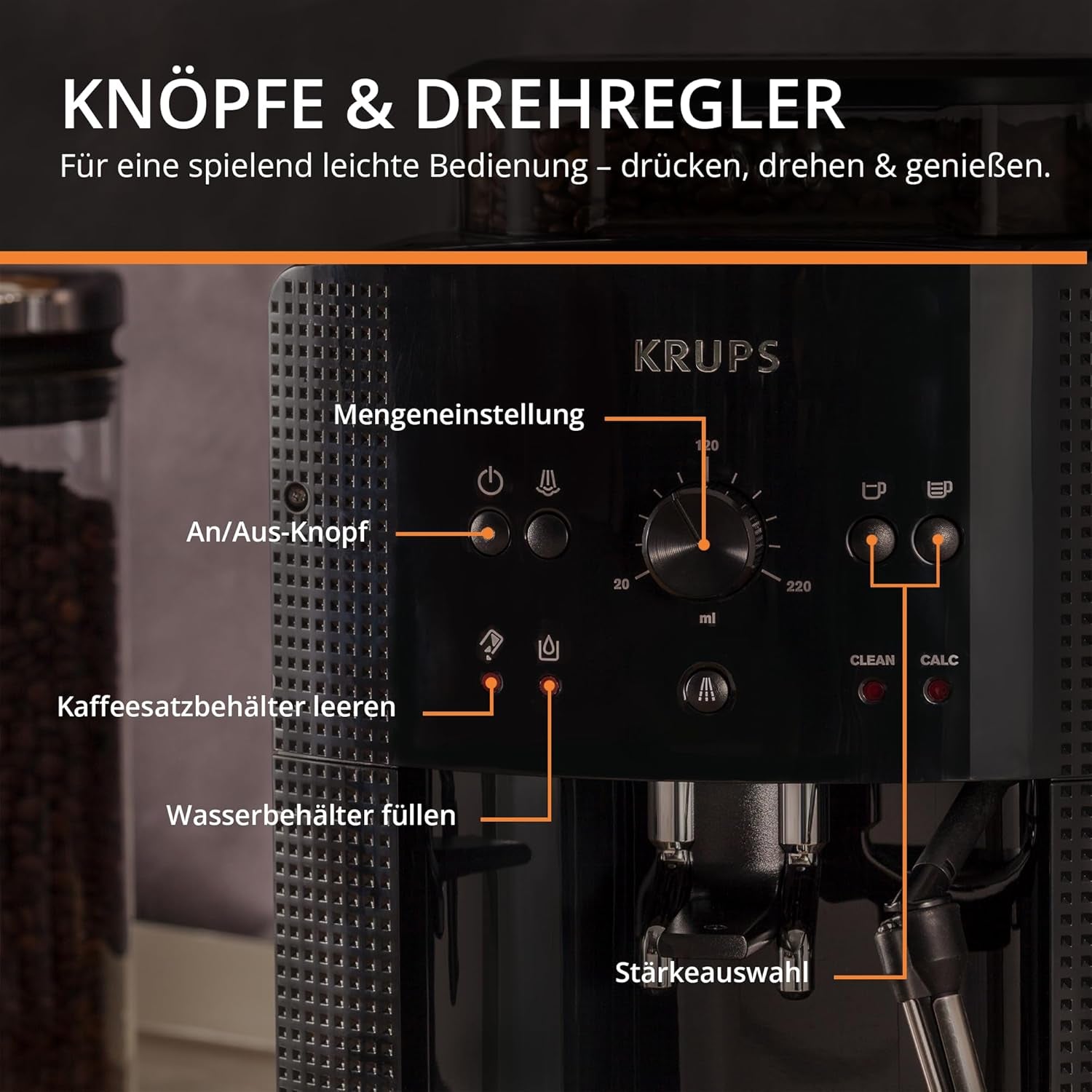 KRUPS Arabica Picto automatische espressomachine, compact ontwerp, eenvoudig te gebruiken, intuïtief verstelbare draaibediening, melkopschuimer, 2-kops functie, espressomachine, zwart, EA810870
