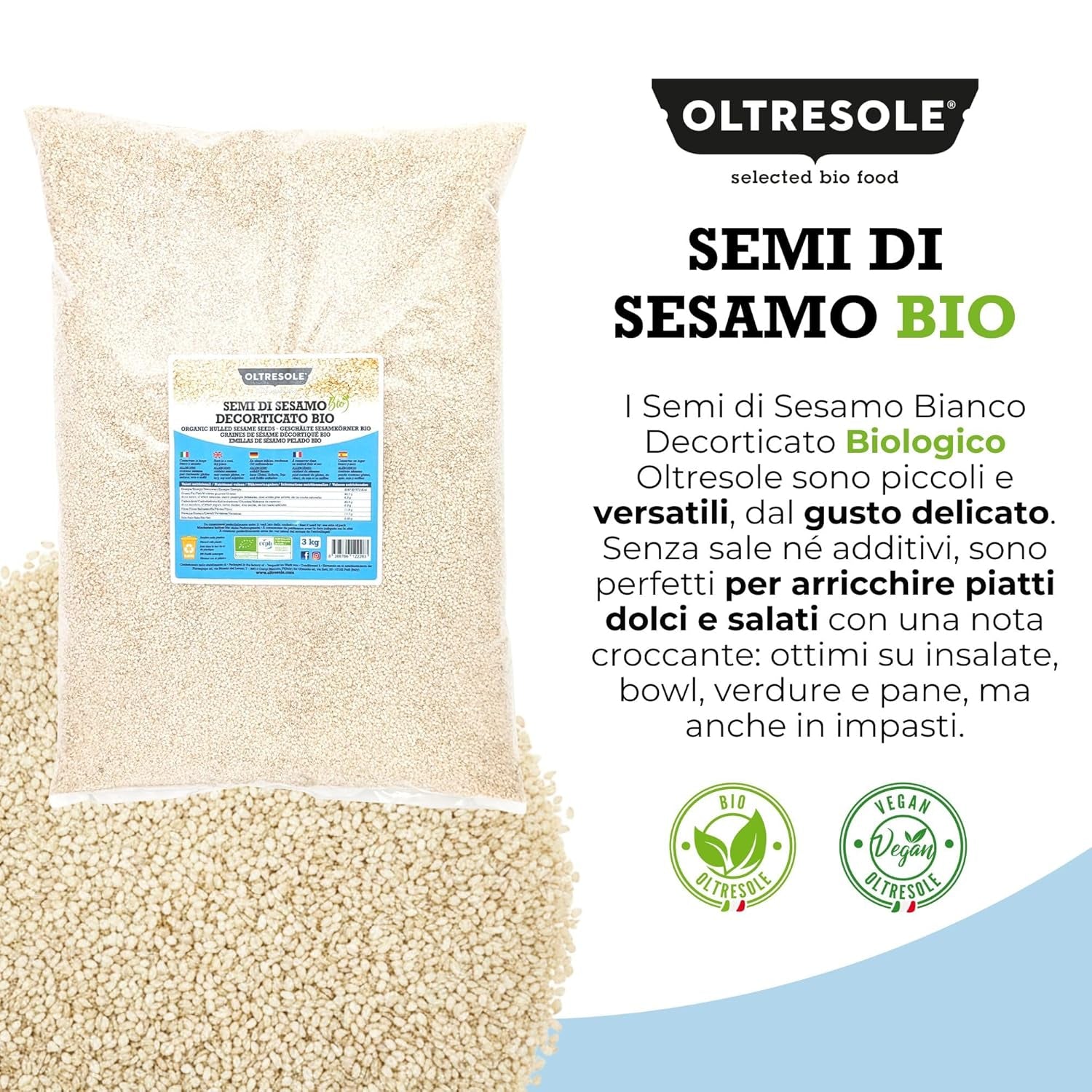 Biologische sesamzaadjes 3kg, rauwe biologische oliezaden, witte sesam, natuurlijk gepeld, ongebrand, bron van calcium en ijzer, voordeelpakket