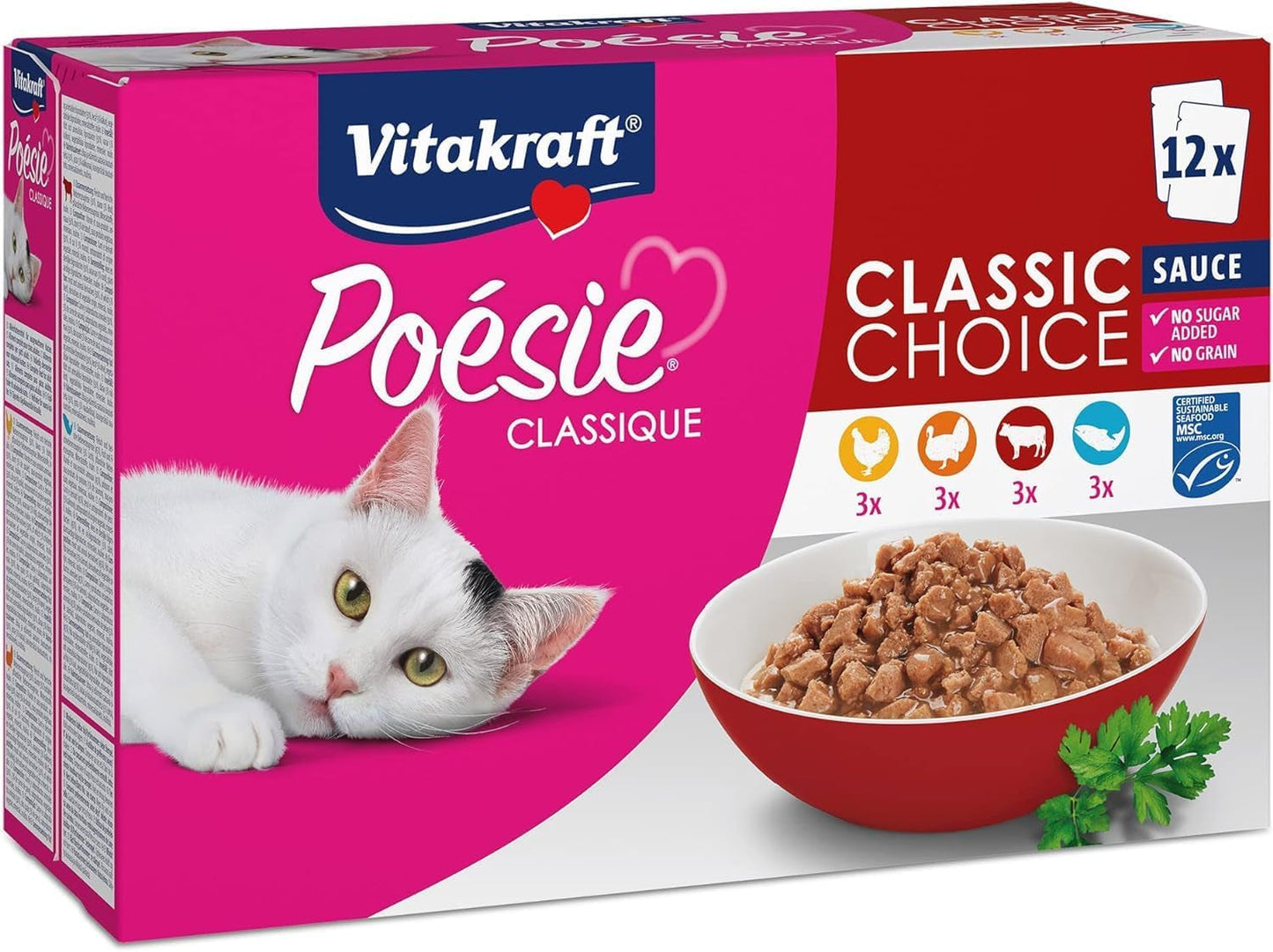 Vitakraft Poésie Classique, kattennatvoer, kattenvoer in saus, met kip, met kalkoen, met rundvlees, met zalm, zonder toegevoegde suiker en granen (1 pakje van 12 x 85 g)