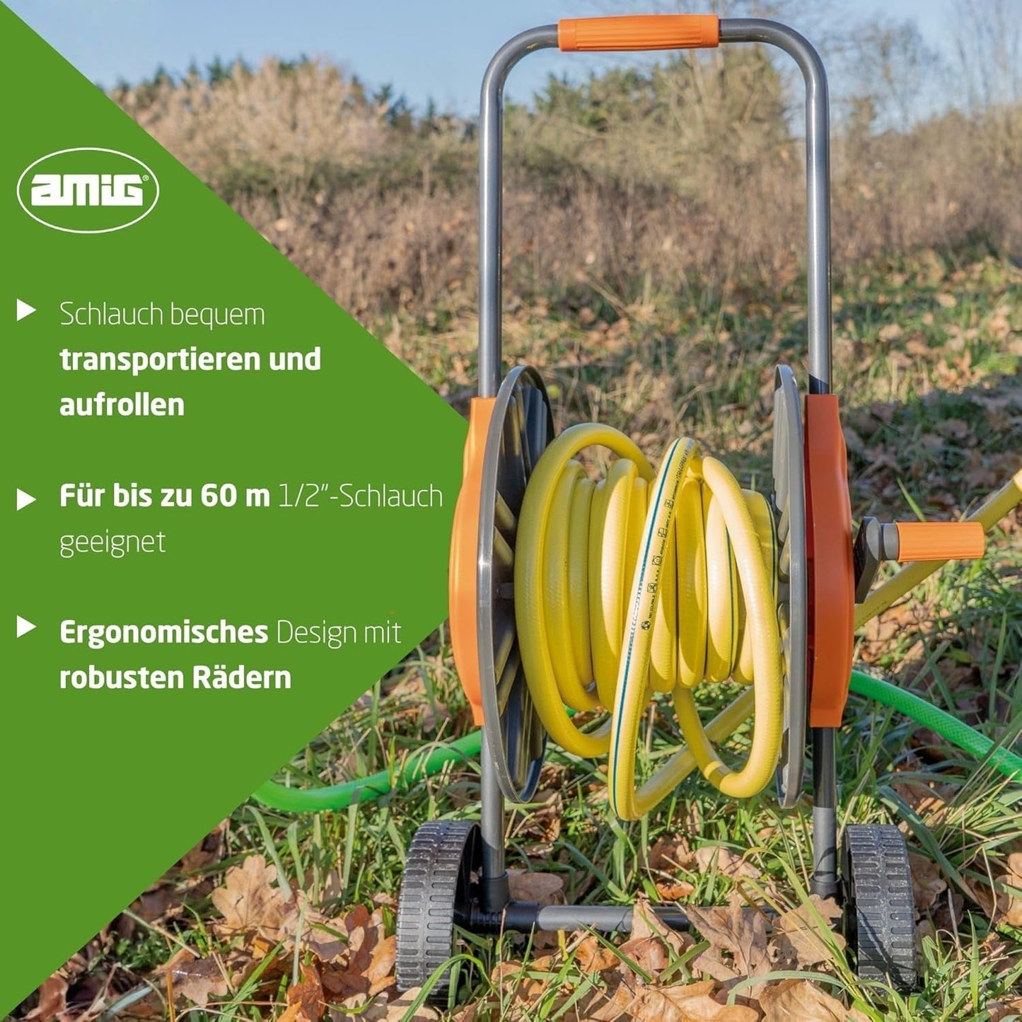 Amig - Slanghaspel | voor 1/2" slangen | max. 60 m opgerold | met zwengel voor eenvoudig oprollen | polypropyleen | oranje en grijs