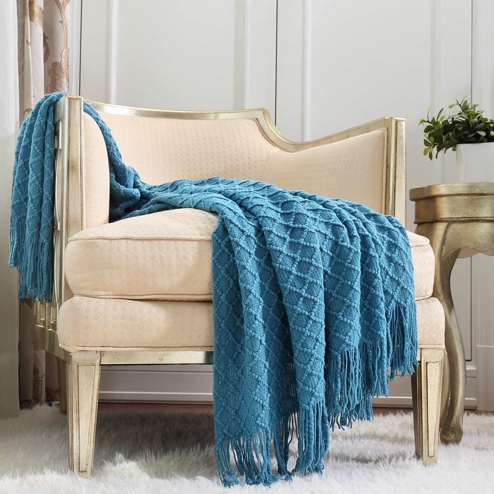 CREVENT Roest Gebreide Deken voor Bank Bank Stoel Bed Woondecoratie Zacht Warm Gezellig Lichtgewicht Lente Zomer Herfst (127,8 X 152,4 cm Karamel / Bruin / Verbrand Oranje) CREVENT Bedden en Dekens Donkerblauw