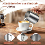 Melkmok, 350 ml roestvrijstalen melkmok met maatmarkering, Barista-accessoire, melkmok voor cappuccino, espresso, latte art, koffieliefhebbers, zilver, 355 ml