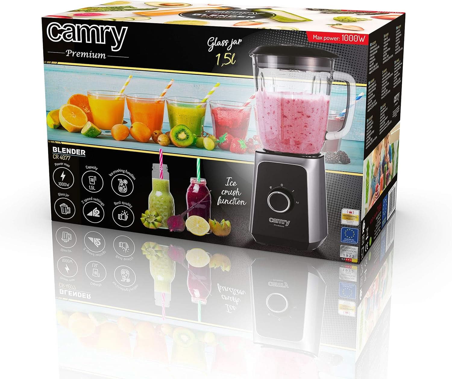 CR 4077 Standmixer Met 1,5L Glashouder, Smoothie Maker, Hochleistungsmixer, Mahlung, Eis-Zerkleinerung, Pulsfunktion, Edelstahlklingen, 2 Geschwindigkeiten, 1000W, Schwarz/Silber Kitchen Naty Shop