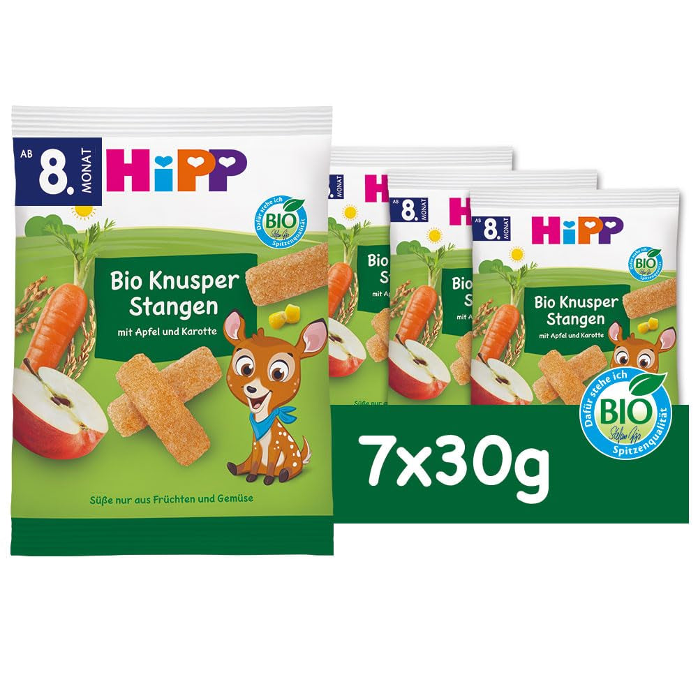 HiPP Bio Knusper Stangen Appelkarotte (7 x 30 g), Babysnack ab 8. Monat, Süße nur aus Früchten en Gemüse, glutenvrij, in de beste bio-kwaliteit