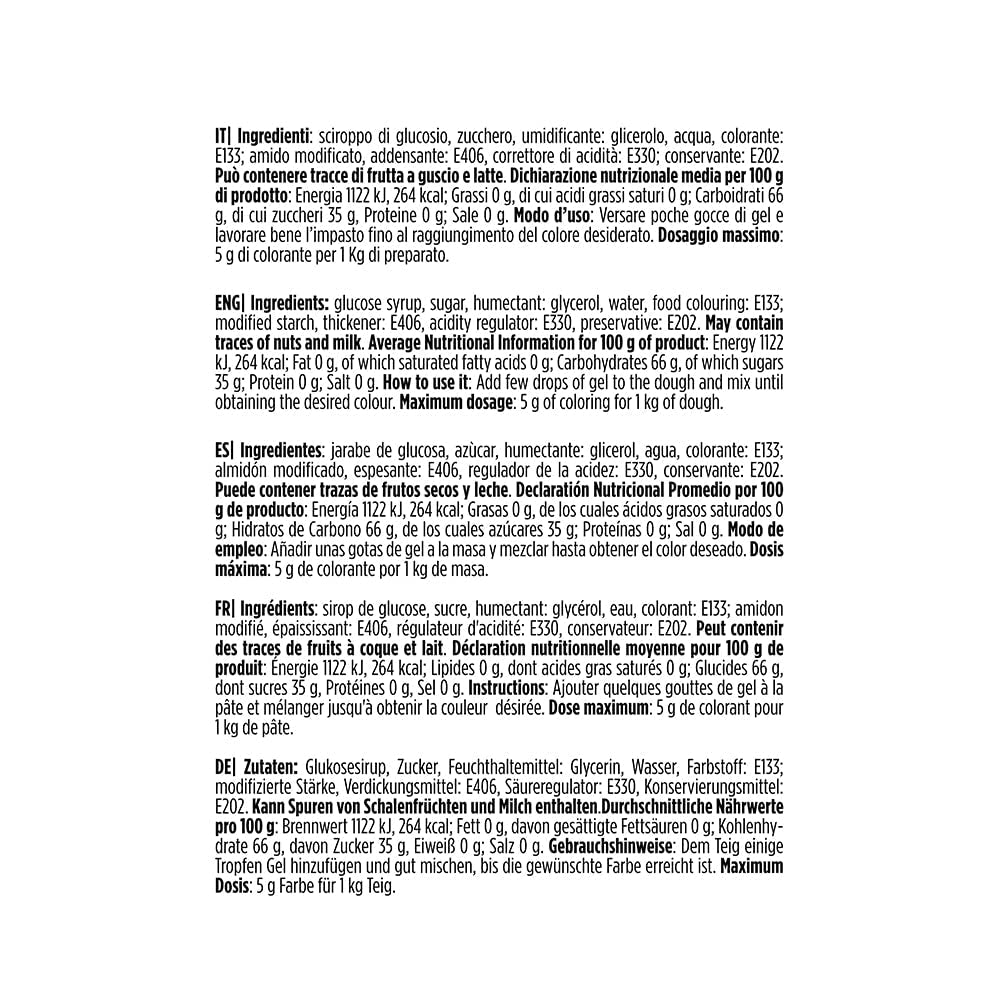 9600818 Gelvoedselkleuring, Gelvoedselkleuring ideaal voor coatings en decoraties, Creëert intense en heldere kleuren, Gemaakt in Italië, 28 gram, Blauwe kleur.