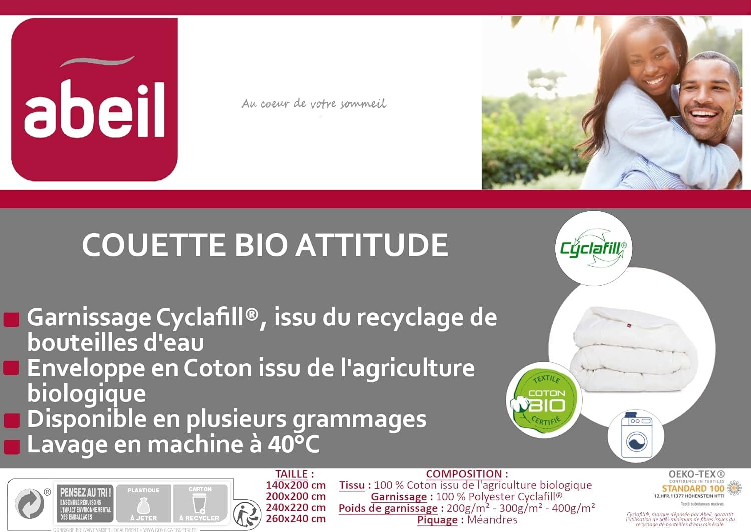 Abeil 15000000529 Deken, hoes van biologisch katoen - vulling 100% polyester Cyclafill, wit, 200 X 200 Cm Dekbedden en dekbedden Naty Shop