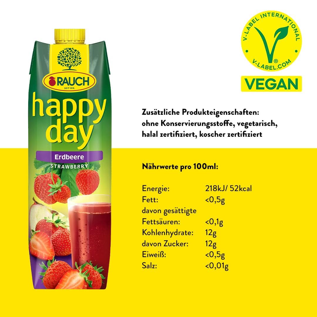 Rauch Happy Day Aardbei | Intense aardbeiensmaak | Verfijnd met appels en citroen | 6X 1 liter, Tetra Prisma Alcoholvrije dranken Naty Shop