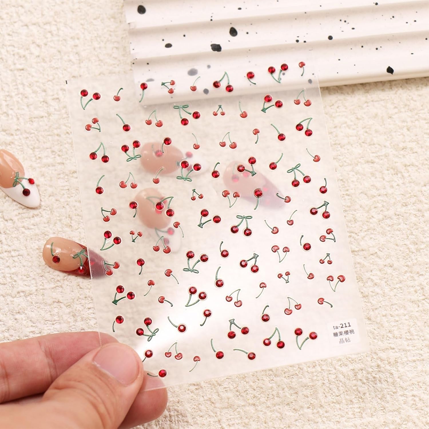 JMEOWIO 3D Nagelsticker Kirsche Nail Art Sticker Selbstklebend Nagelaufkleber 5D Stereoskopische Decoratie Nageldesign Zubehör 1 Blatt