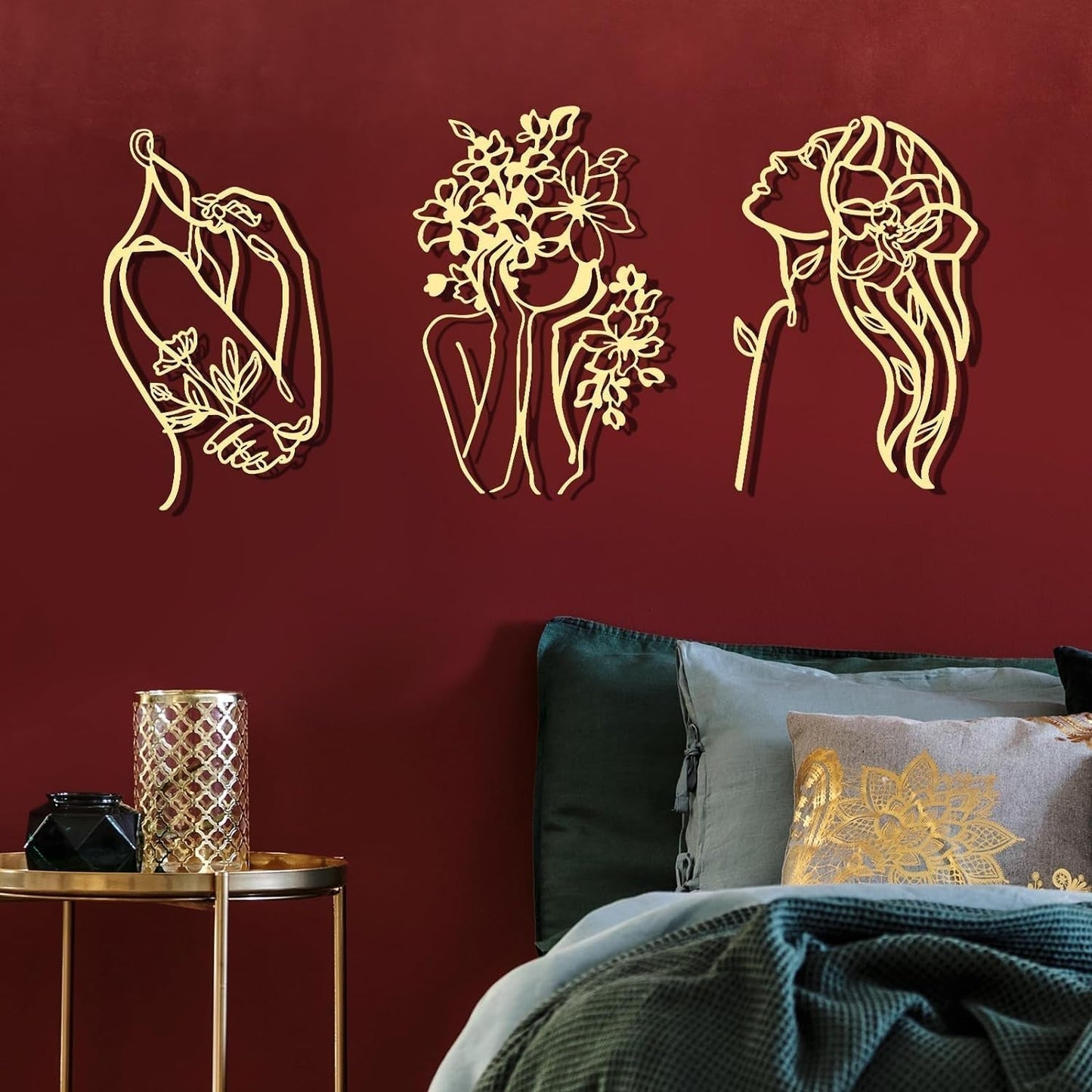 3 stuks Metaal Minimalistische Vrouw Muurkunst Deco Modern Metaal Abstract Vrouw Muurkunst Vrouwelijke Enkele Lijn Lijntekeningen om op te hangen voor Woonkamer (Zwart, Modern) Beeldjes en Sculpturen Naty Shop Goud Elegant