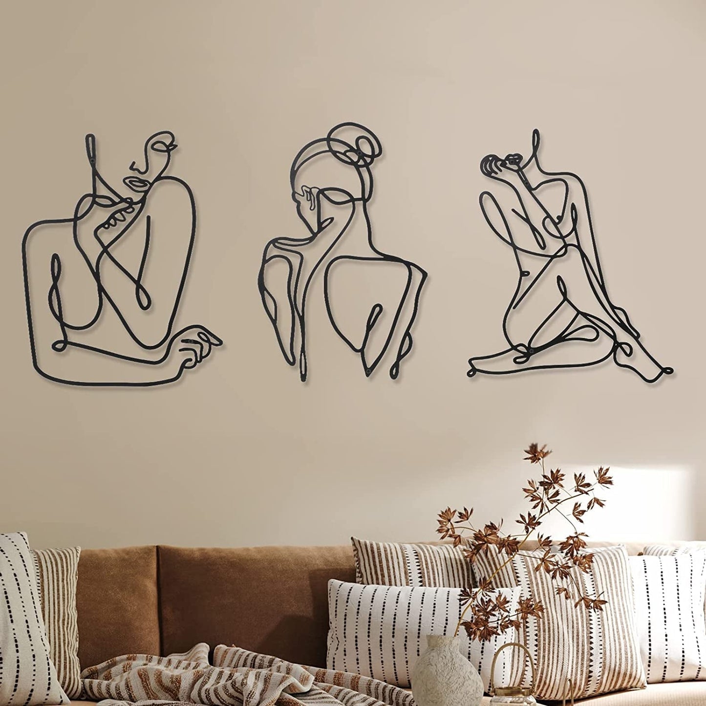 3 stuks Metaal Minimalistische Vrouw Muurkunst Deco Modern Metaal Abstracte Vrouw Muurkunst Vrouwelijke Enkele Lijn Lijntekeningen om op te hangen voor Woonkamer (zwart, modern) Beeldjes en sculpturen Naty Shop Zwart Modern
