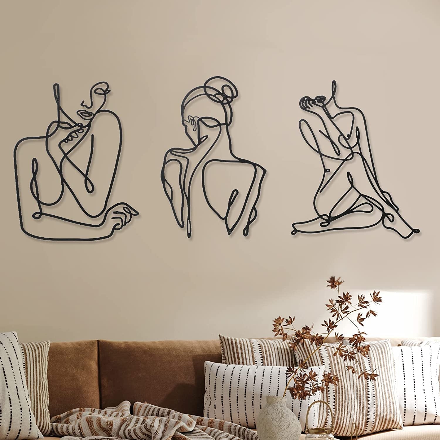 3 stuks Metaal Minimalistische Vrouw Muurkunst Deco Modern Metaal Abstracte Vrouw Muurkunst Vrouwelijke Enkele Lijn Lijntekeningen om op te hangen voor Woonkamer (zwart, modern) Beeldjes en sculpturen Naty Shop Zwart Modern
