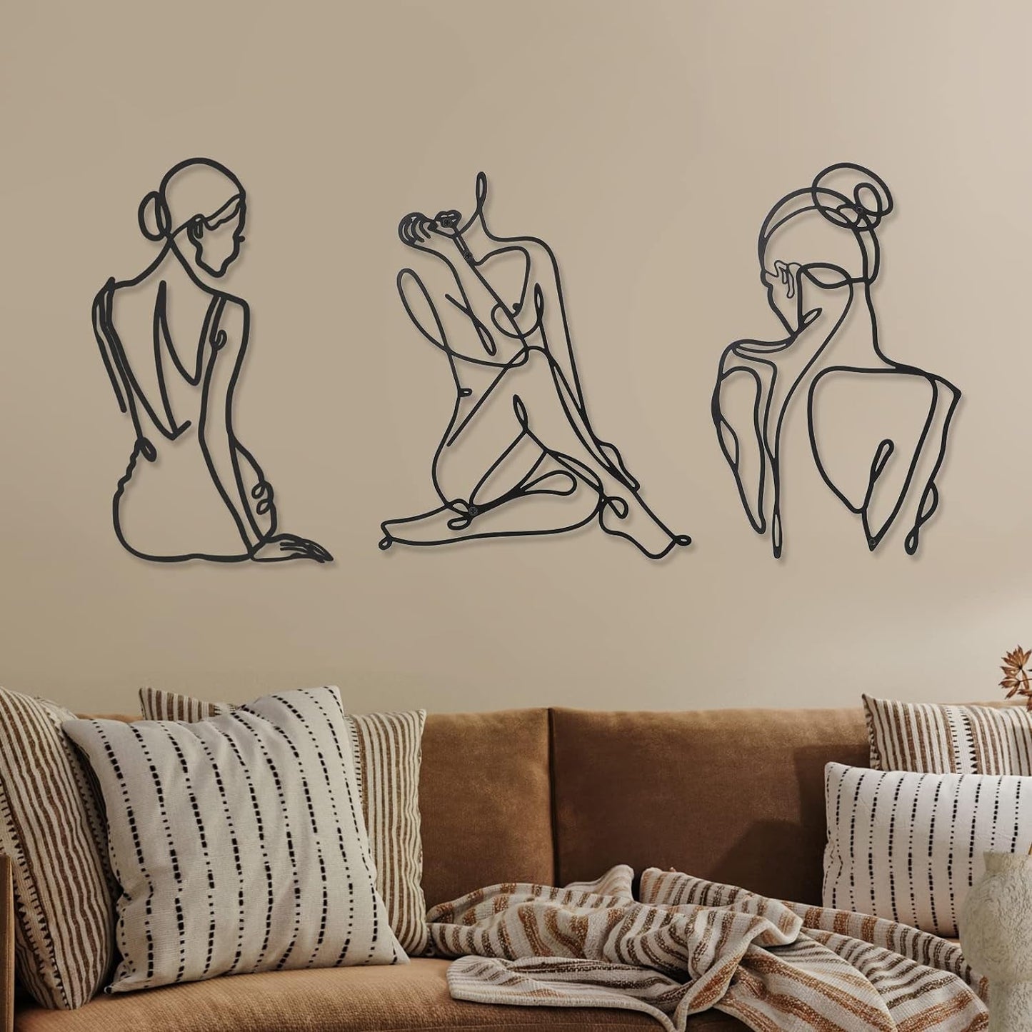 3 stuks Metaal Minimalistische Vrouw Muurkunst Deco Modern Metaal Abstracte Vrouw Muurkunst Vrouwelijke Enkele Lijn Lijntekeningen om op te hangen voor Woonkamer (zwart, modern) Beeldjes en sculpturen Naty Shop Zwart 35L X 29B Cm