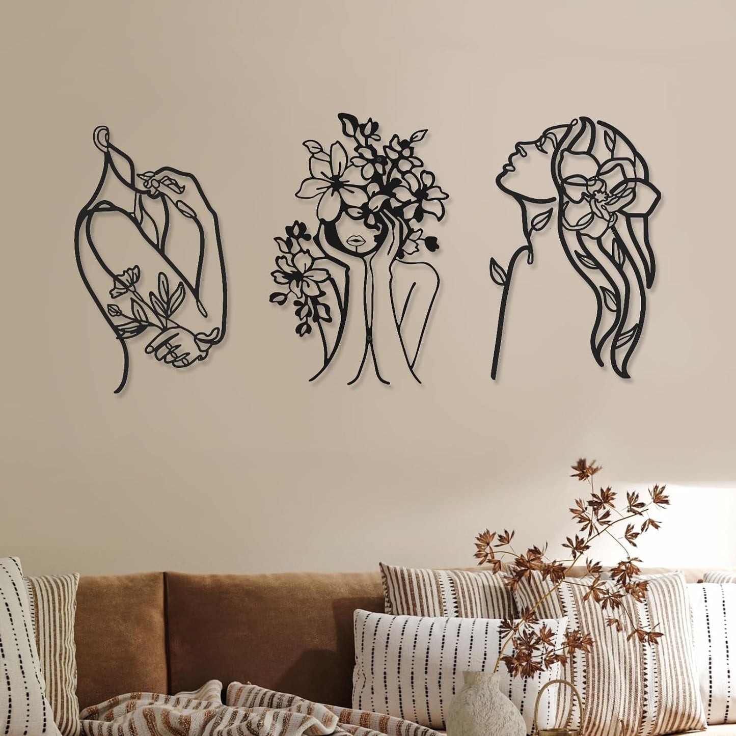 3 stuks Metaal Minimalistische Vrouw Muurkunst Deco Modern Metaal Abstract Vrouw Muurkunst Vrouwelijke Enkele Lijn Lijntekeningen om op te hangen voor Woonkamer (zwart, modern) Beeldjes en sculpturen Naty Shop Elegant 35L X 25B Cm