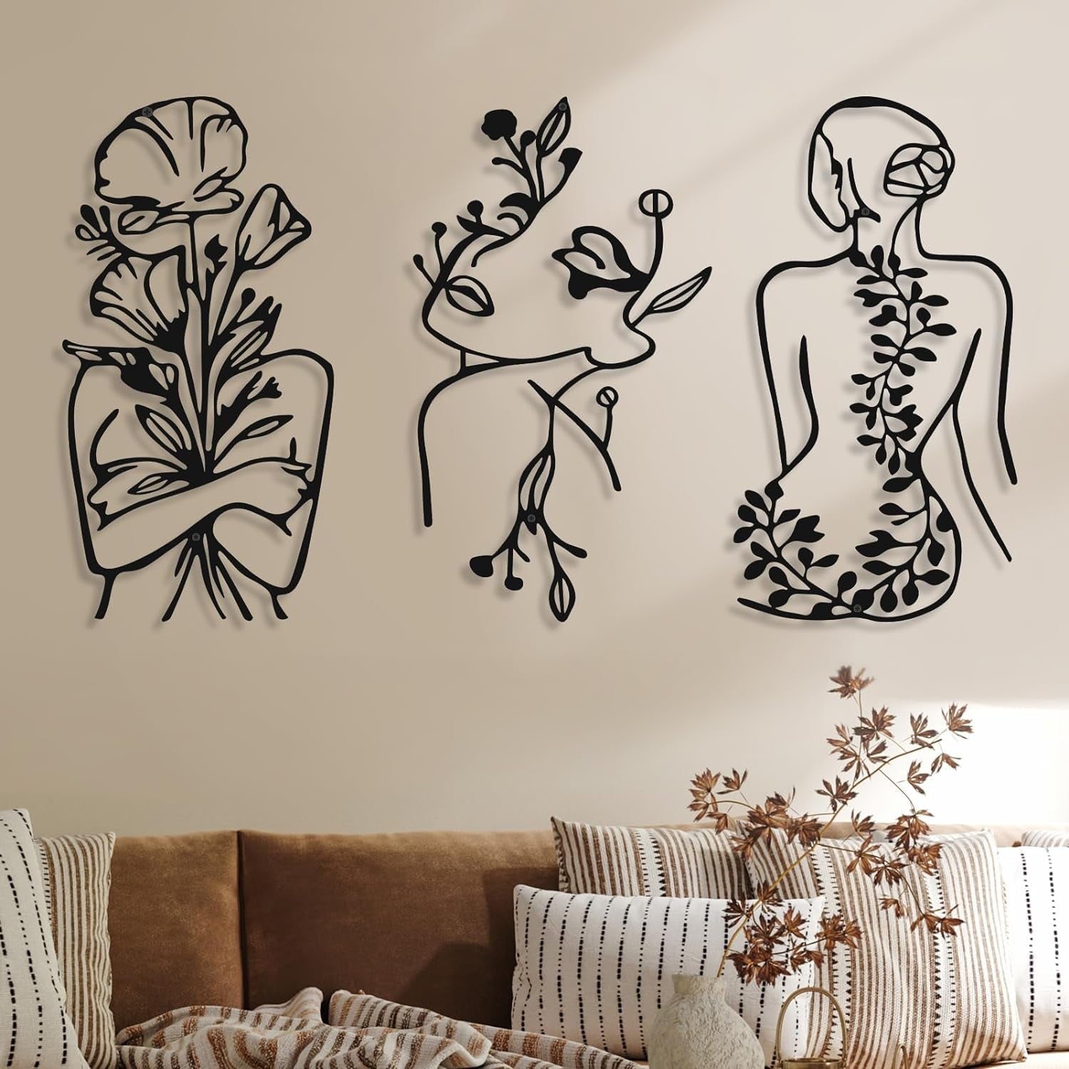 3 stuks Metaal Minimalistische Vrouw Muurkunst Deco Modern Metaal Abstracte Vrouw Muurkunst Vrouwelijke Enkele Lijn Lijntekeningen om op te hangen voor Woonkamer (zwart, modern) Beeldjes en sculpturen Naty Shop Zwarte Plant