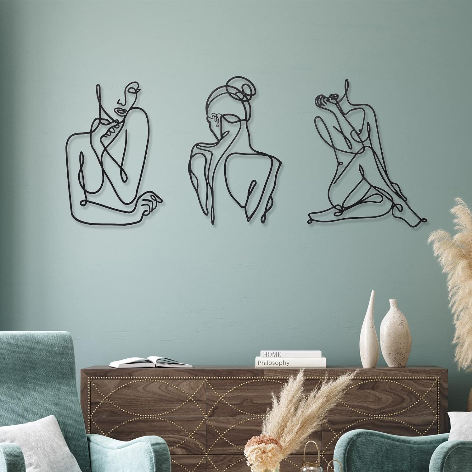 3 stuks Metaal Minimalistische Vrouw Muurkunst Deco Modern Metaal Abstracte Vrouw Muurkunst Vrouwelijke Enkele Lijn Lijntekeningen om op te hangen voor Woonkamer (zwart, modern) Beeldjes en sculpturen Naty Shop
