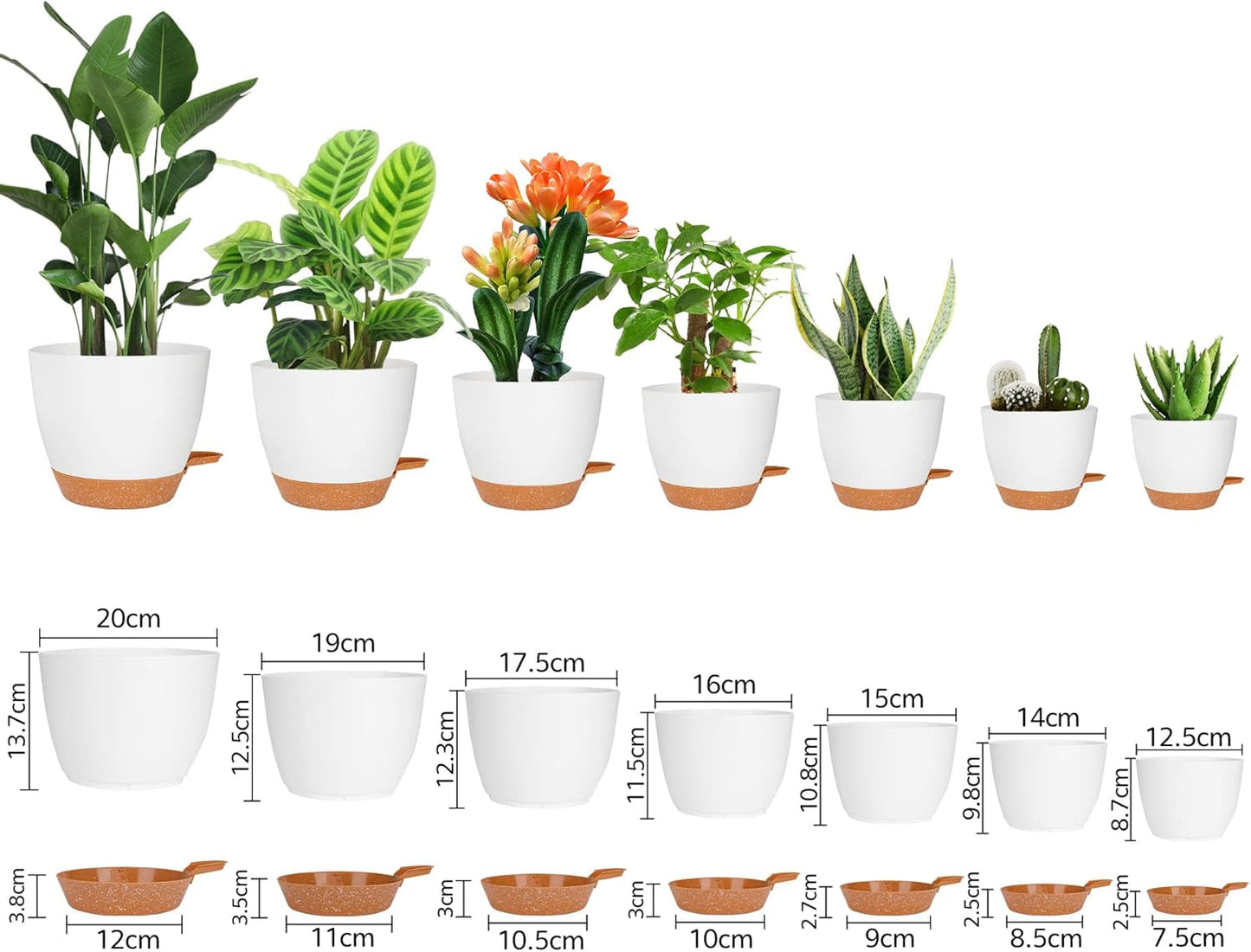 CSYY bloempotten set van 7 kunststof bloempotten met bewateringssysteem 20,3/19/17,7/16,5/15,2/14/12,7 cm zelfwater gevende potten en schotel binnen buiten