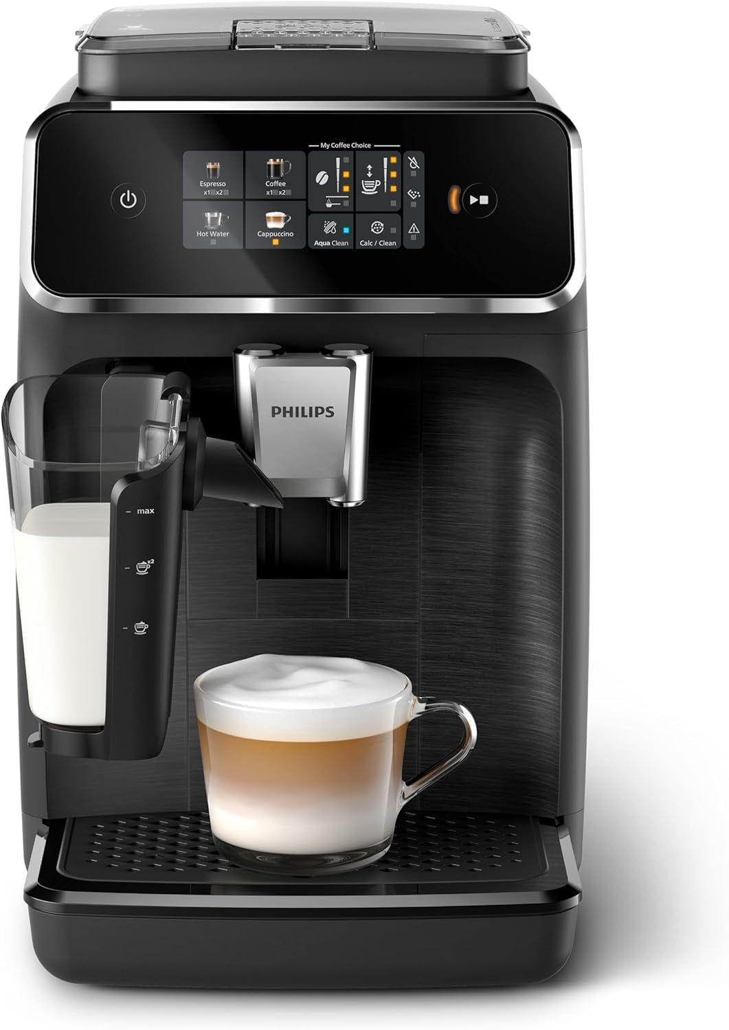 PHILIPS automatische espressomachine 2300 serie - 4 dranken, modern kleurentouchscreen, LatteGo melkbereidingssysteem, SilentBrew, 100% keramische molen, AquaClean filter. Matzwart (EP2330/10)