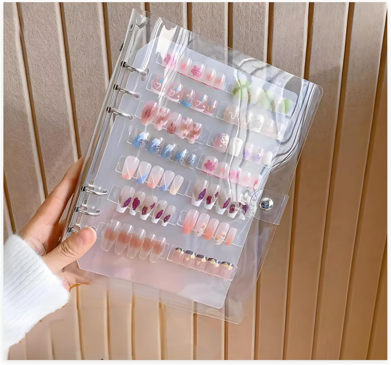 A5 nagelorganizerset met nietjessluiting en verwijderbare vellen - Stevige doorzichtige doos + 6 zelfklevende pads en afneembaar kunst-/klevend nagelopbergboek - Ideaal voor opslag, presentatie