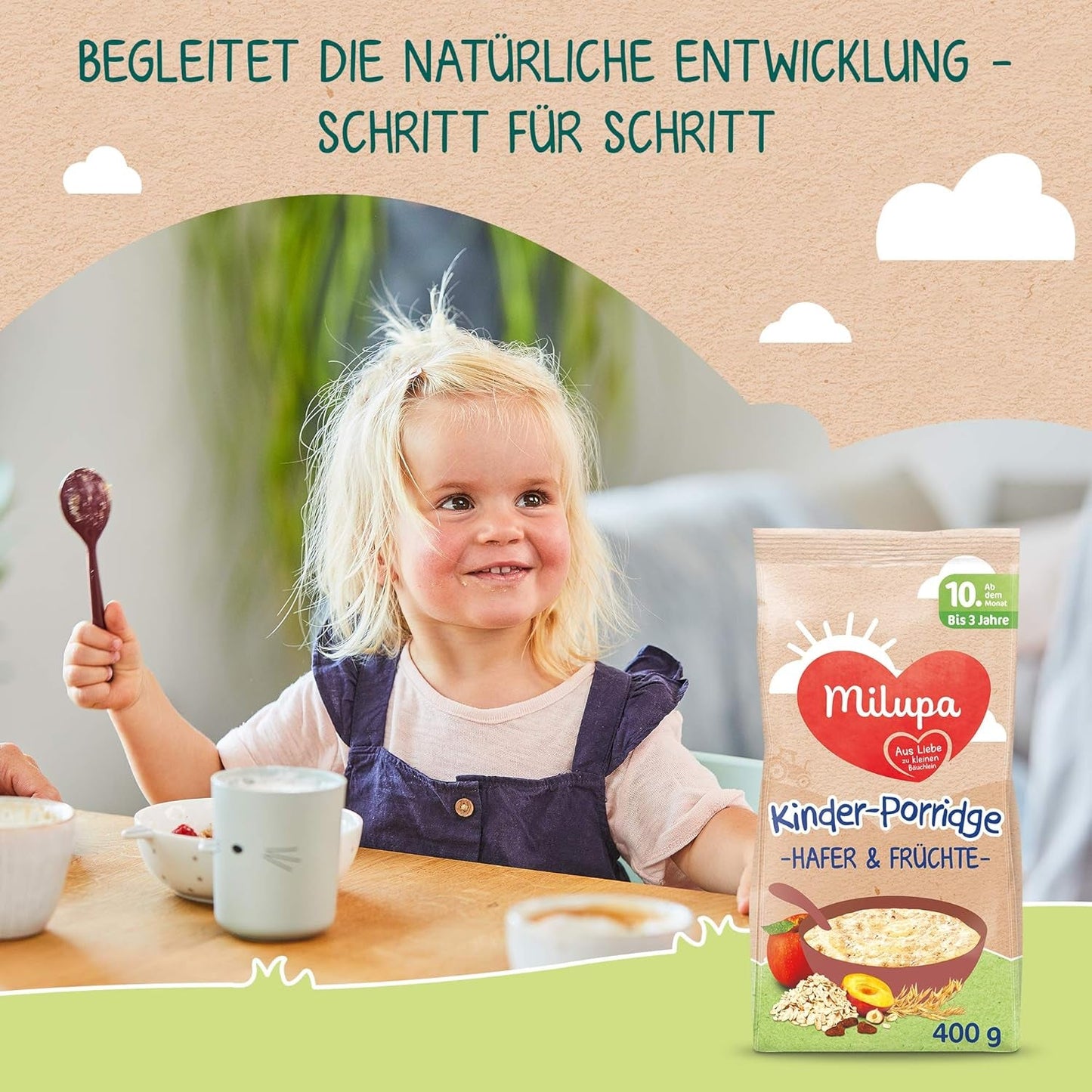 Milupa Babypap - Haver- en fruitpap 10 maanden tot 3 jaar babyvoeding 1 x 400 g (pak van 2)