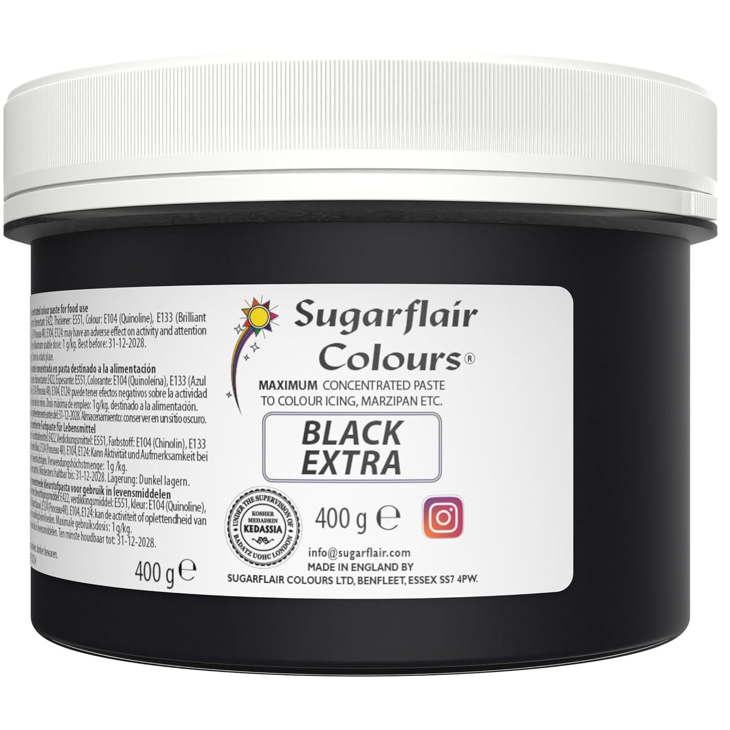 Kleurstof Sugarflair Max Concentrated Black, hoog geconcentreerde kleurstof voor marsepein en fondant, pastakleuring Max Concentrate - 400 g