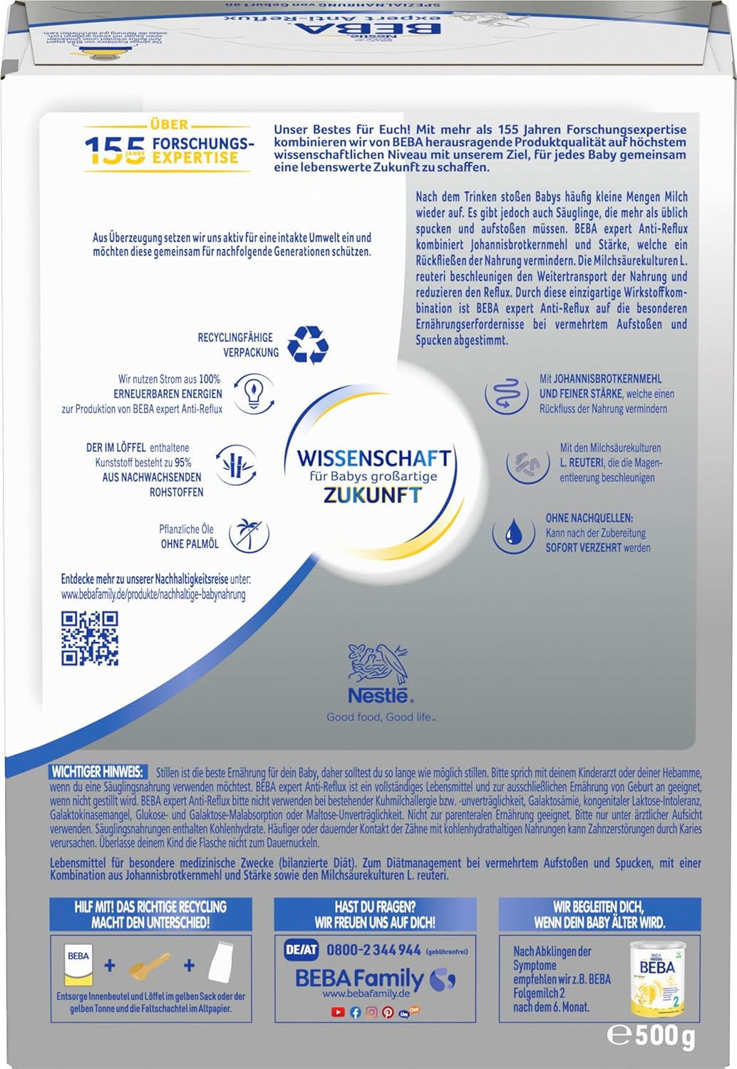 BEBA expert Anti-Reflux - AR Speciale formule vanaf de geboorte, voor meer oprispingen en braken, babyvoeding, babymelkpoeder, 1 pakje (1 x 500 g)