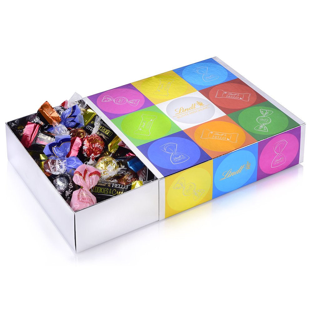 Chocoladeassortiment (37 LINDOR-bolletjes, 24 Hello Mini-sticks, 10 Mini Fioretto), chocoladecadeau (1 x 815 g) en HELLO Mini Emoti, melkchocolade in 5 emoticon-dessins, 164 g