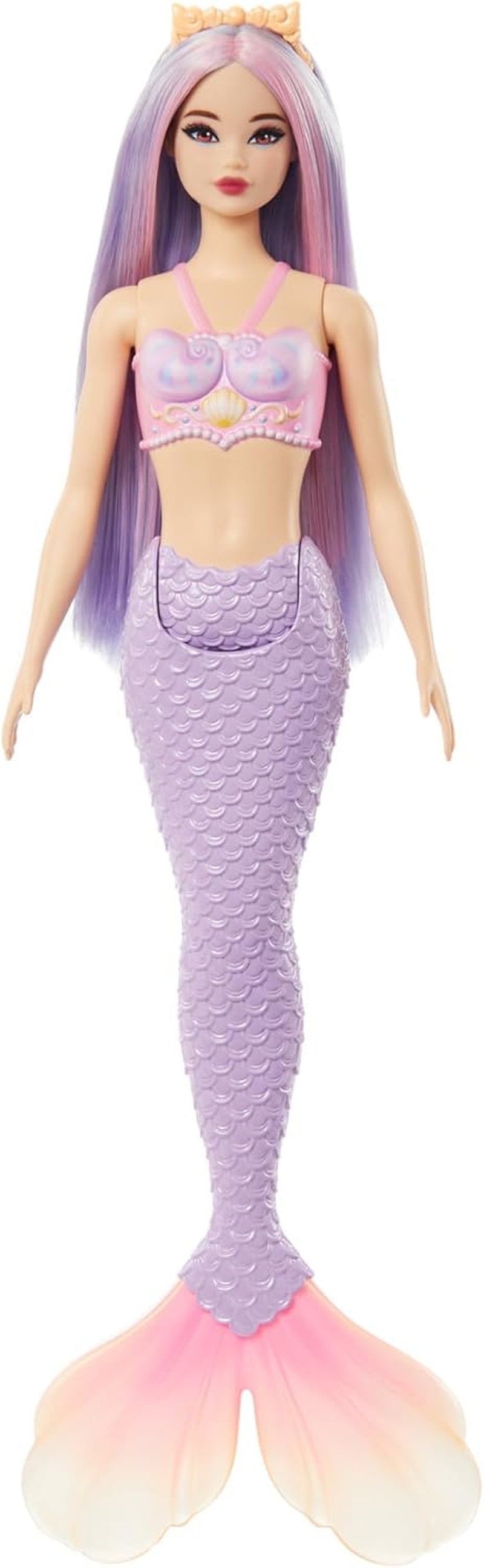 Barbie zeemeerminpop met roze en lila fancy haar en hoofdband, schelptoppop met lavendelblauwe staartvin, HRR06 Naty Shop Dolls zeemeermin met lavendelblauwe staartvin