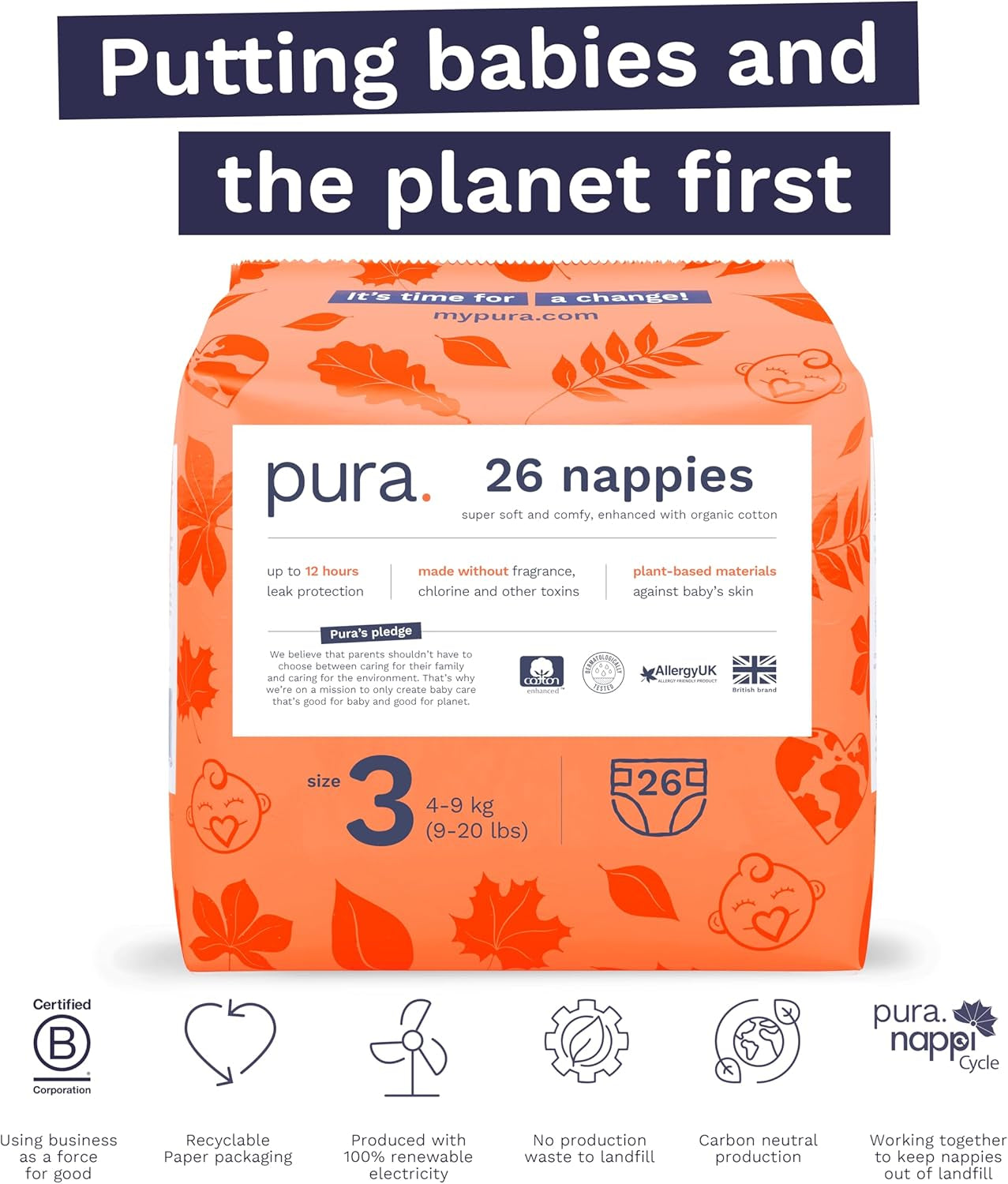 Eco-babyluiers - maat 3 (4-9 kg), 1 pak (26 luiers), ultrazachte luiers voor de gevoelige huid, biologisch katoen, tot 12 uur lekbescherming, nieuwe maattabel
