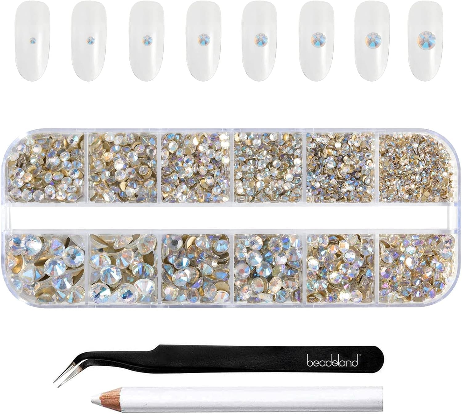 Beadsland 2500 stuks glas Nailart Strasssteine ​​Kristall Flatback Edelsteine ​​Runde, voor handwerk Gemischt 8 Größen SS4 ~ SS30 Mit Picking Pinzette en Stift (Kristall Weiss)