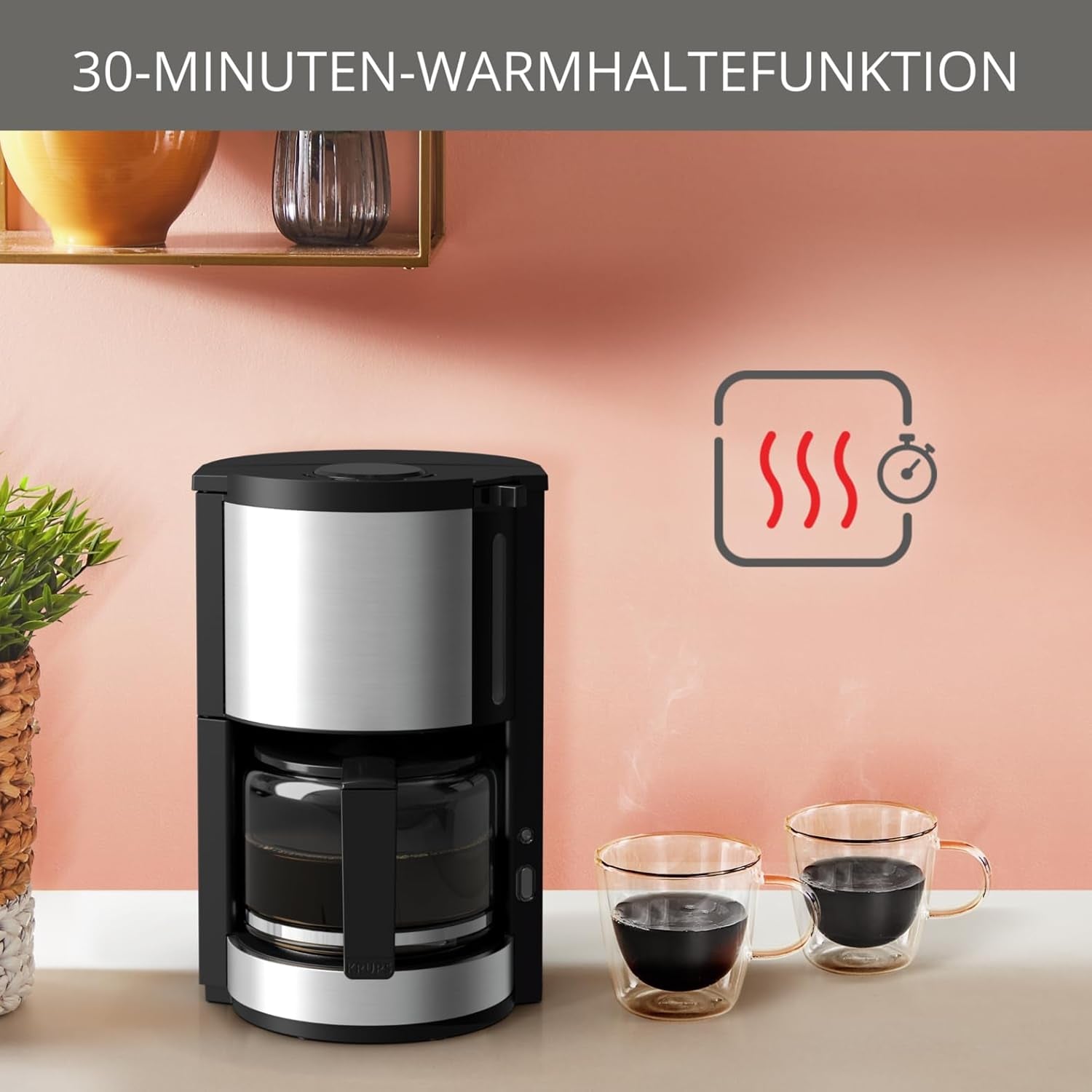 Krups KM3210 Pro Aroma Plus espressomachine, 10 kopjes, 1,25 l, 30 minuten warm houden, zichtbaar waterniveauvenster, antidruppelsysteem, zwart met roestvrijstalen toepassingen