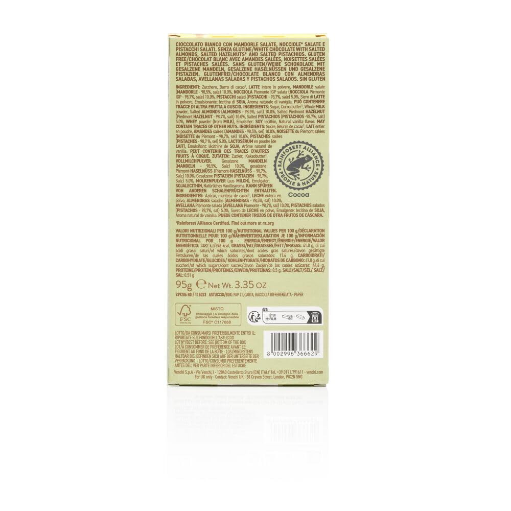Venchi - Gezouten hazelnootreep, gezouten hazelnoten, amandelen en pistachenoten, 95 g, met "Piemonte-hazelnoten", glutenvrij, zonder kunstmatige kleurstoffen en zonder conserveermiddelen