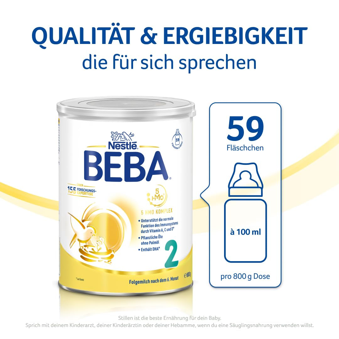 BEBA 2 - Opvolgmelk na 6 maanden, met 5 HMO-complex, leeftijdsafhankelijk eiwitgehalte, lactosevrij, palmolievrij, visolievrij, babyvoeding, babymelkpoeder, verpakking van 3 (3 x 800 g)