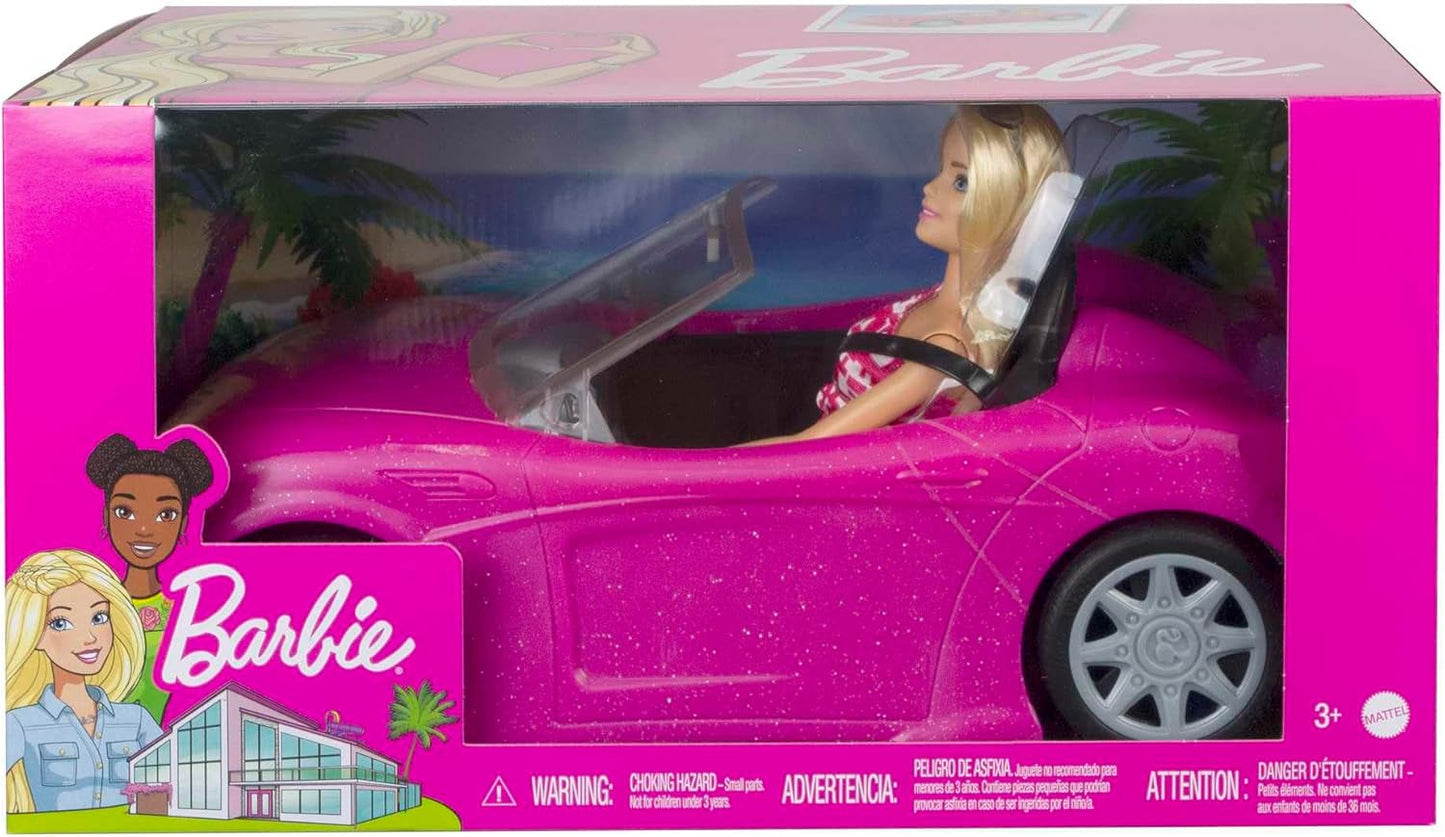 Barbie-pop en roze glitter-cabriolet, realistisch bandenlogo, speelgoed van 3 jaar oud, DJR55 Naty Shop-poppen
