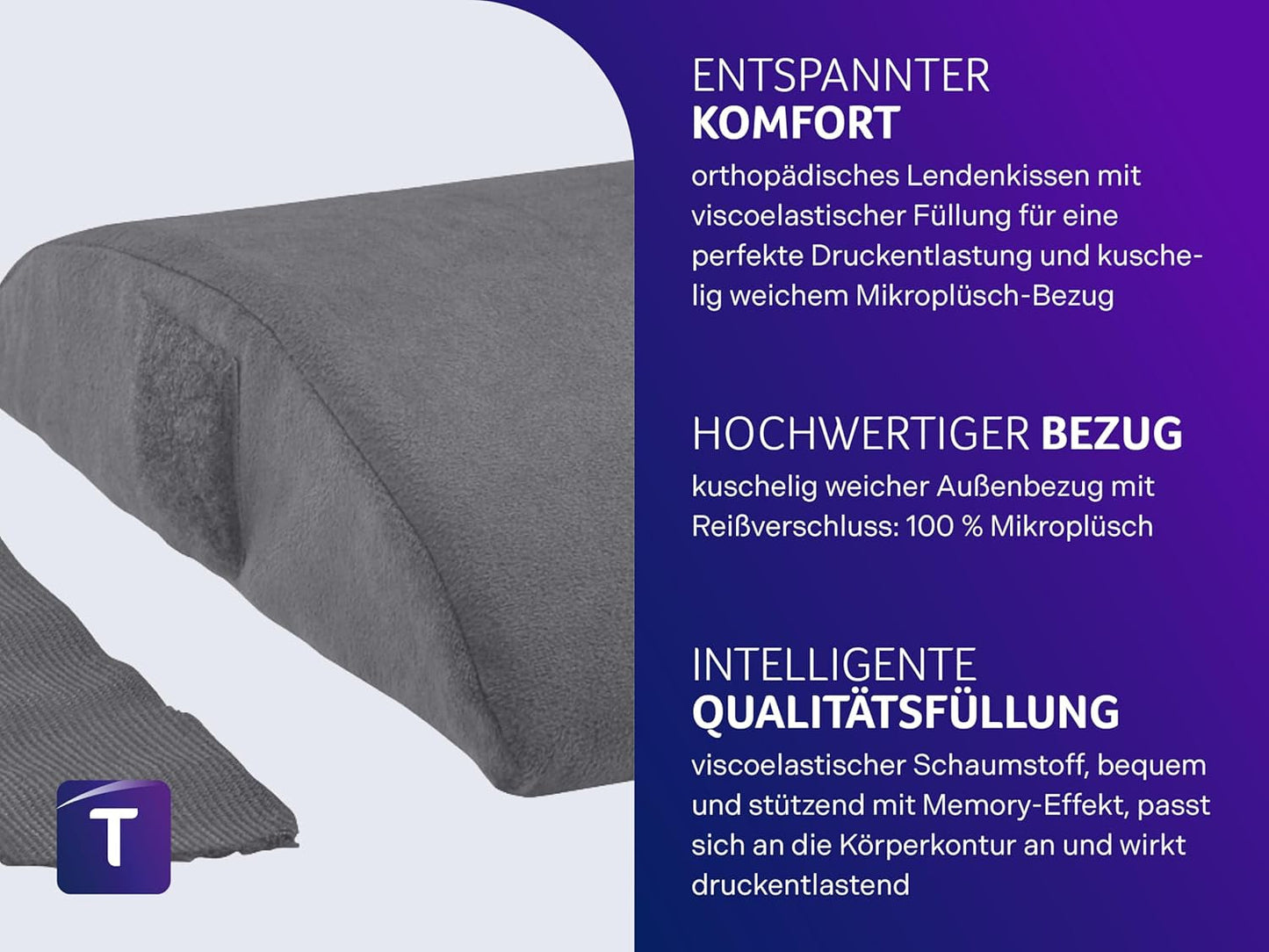 Traumnacht orthopedisch rug-/lendenkussen met visco-elastische schuimkern en huidvriendelijke microfleece hoes, Oeko-Tex gecertificeerd, vervaardigd volgens Duitse kwaliteitsnormen
