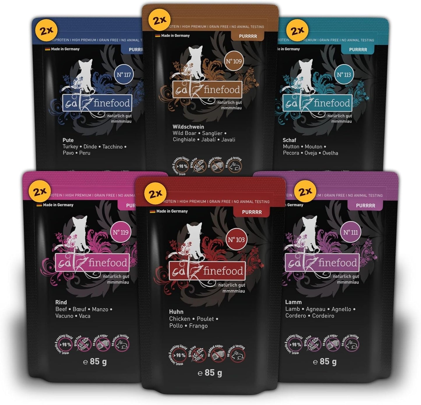 Catz Finefood Purrrr Collection I - Monoproteïne nat kattenvoer - Graanvrij, suikervrij, hypoallergeen - Hoog vleesgehalte - Multipack nat kattenvoer - in zakjes, 85 g (12 verpakkingen)