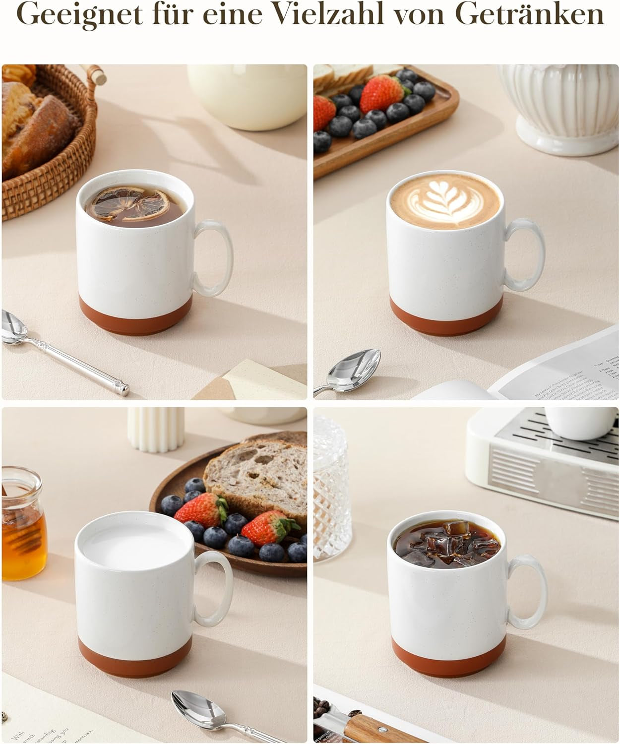 MALACASA koffiemokkenset, steengoed mokkenset van 350 ml voor 4 personen, moderne koffiemokken voor thee, sap, latte, cappuccino, warme chocolademelk. Vaatwasmachine- en magnetronbestendig, TARA serie, kaki wit