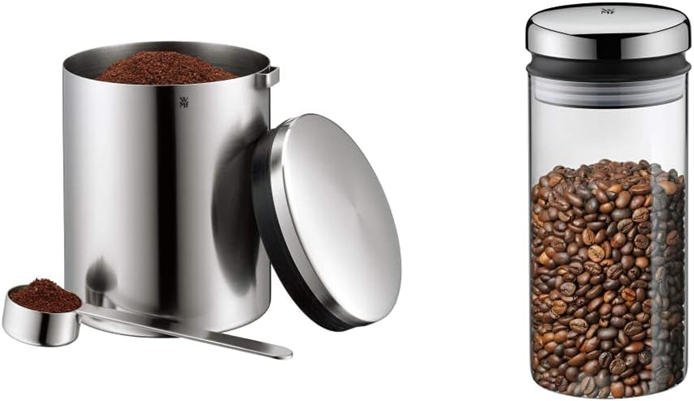 WMF koffielepel Kult Cromargan roestvrij staal matte afwerking 500 g en 1 liter glazen voorraadpot depot vaatwasmachinebestendig voedselbewaardozen Naty Shop opbergdoos Pack
