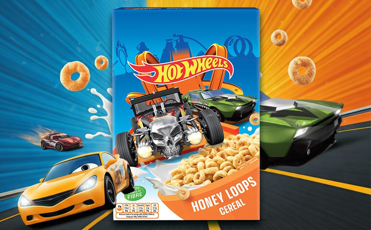 Hot Wheels Honey Loops Krokant volkoren ontbijtgranen met toegevoegde vitaminen, 1 pak (1 x 375 g)