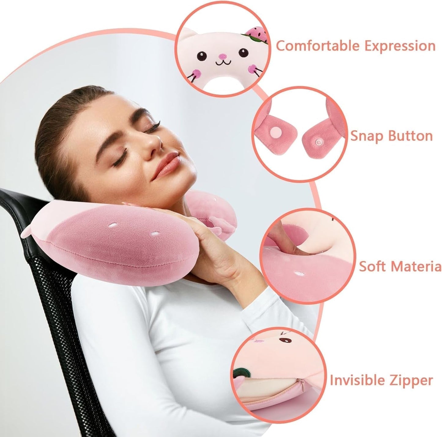 Litimkat Nekkussen voor kinderen Draagbaar nekkussenï¼ŒReiskussenï¼Œ U-vorm Memory Foam Kussen Reizen Vliegtuig Auto Trein Kantoor Thuis Schattig Dierenpatroon Kussensloop Afneembaar (roze) Cervicale orthopedische kussens Naty Shop